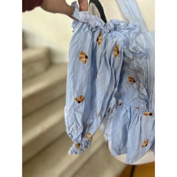 Lud Von Siga Blue Cotton Pleat Off Shoulder Puff Sleeve Peplum Daisy Blouse - Picture 3 of 8